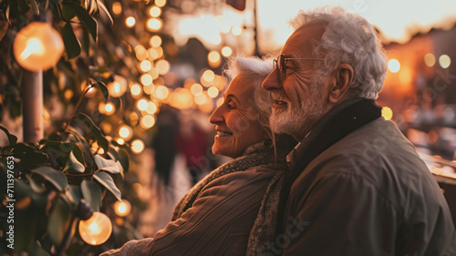 An elderly couple stands hugging on a city street and admires the lights of the evening city.