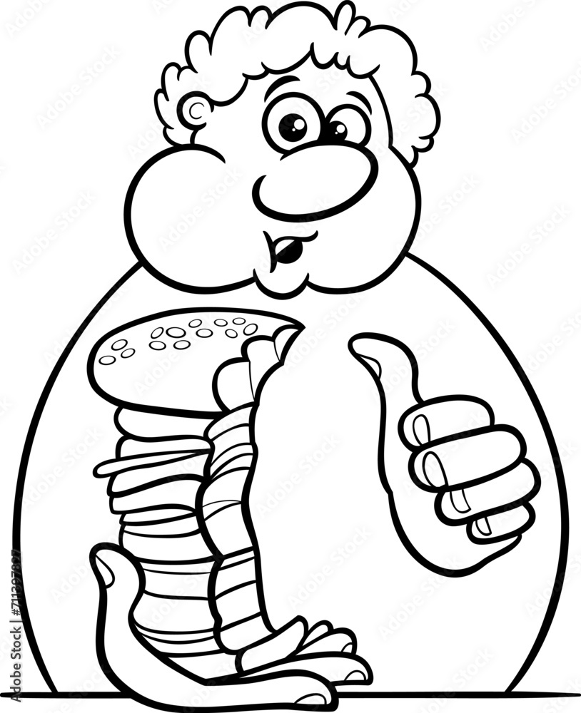 cartoon man character eating big cheeseburger coloring page