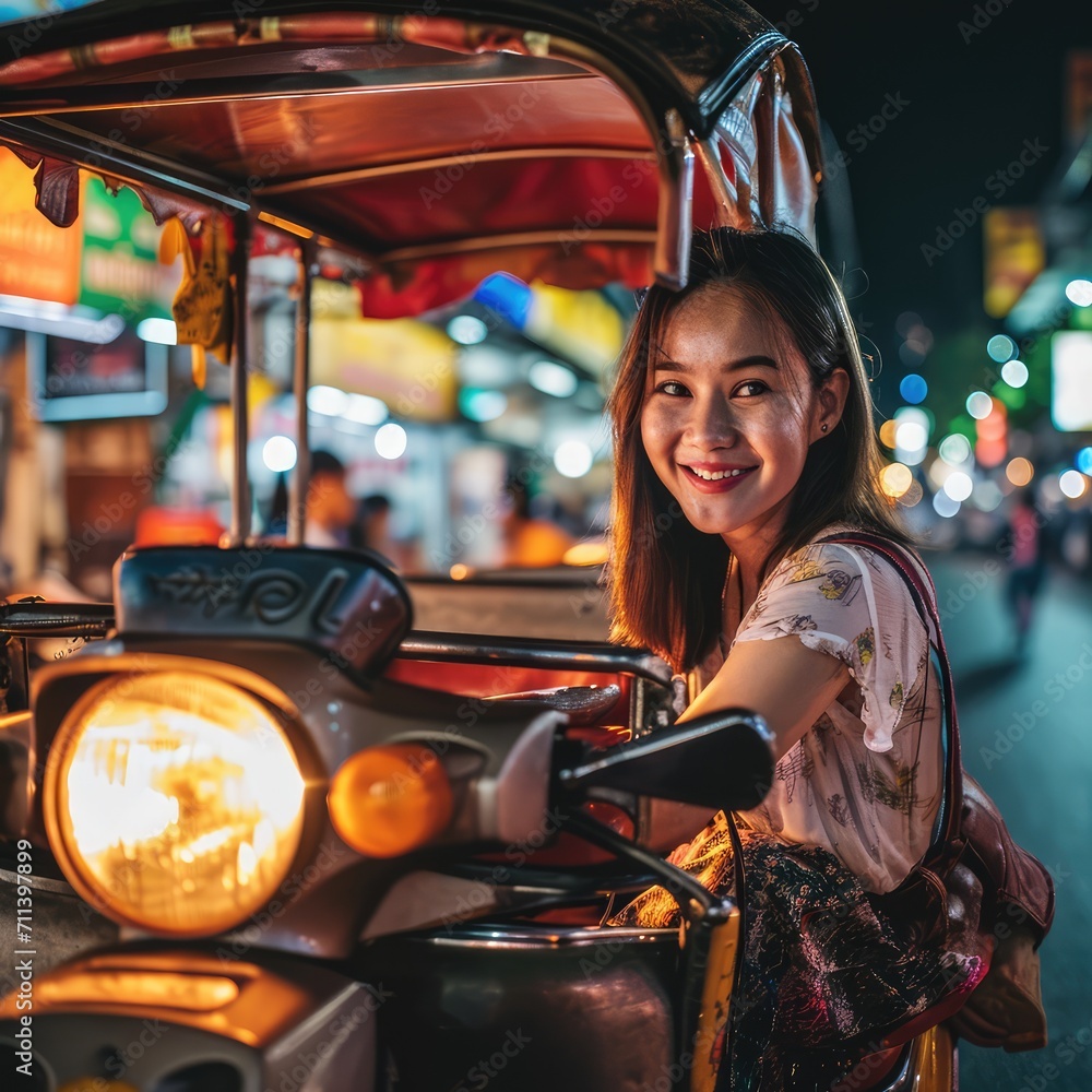 Asian Woman Driving Auto riksha in the busy street