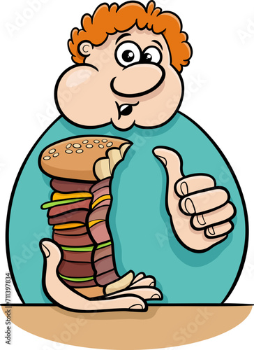 cartoon man character eating a big cheeseburger