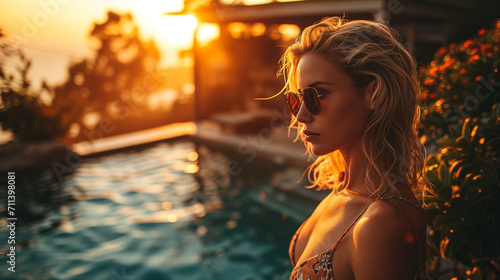 woman in the pool at sunset