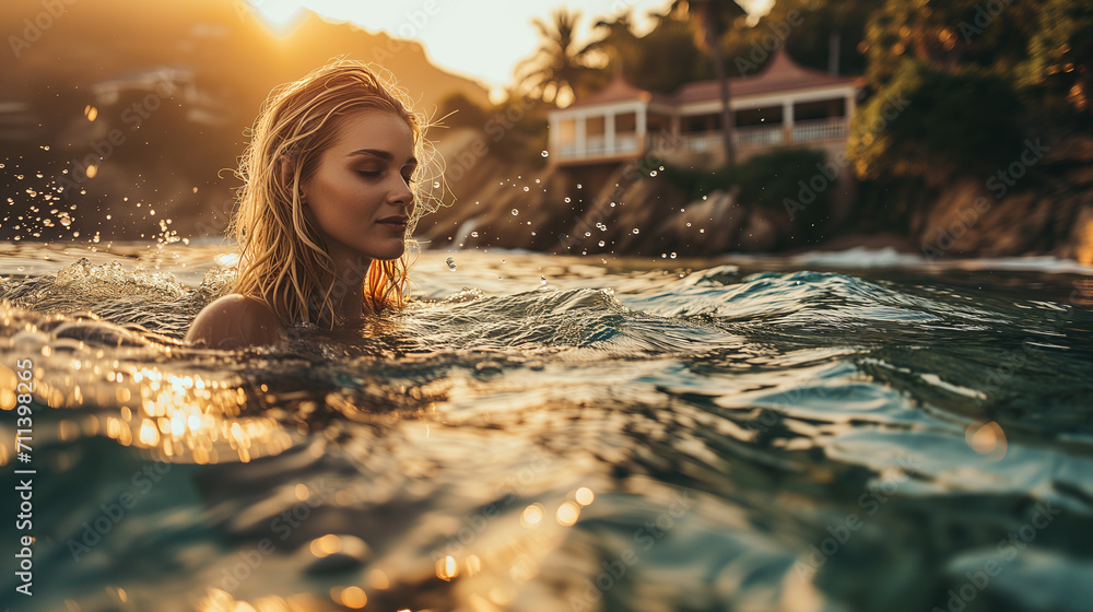 Blond young woman in water, pool, sun, goldenhour