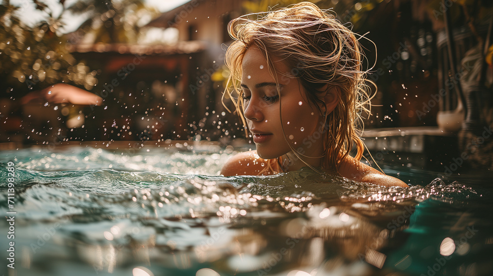blond woman in the pool