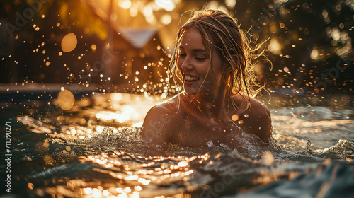 Blond young woman in water, pool, sun, goldenhour photo