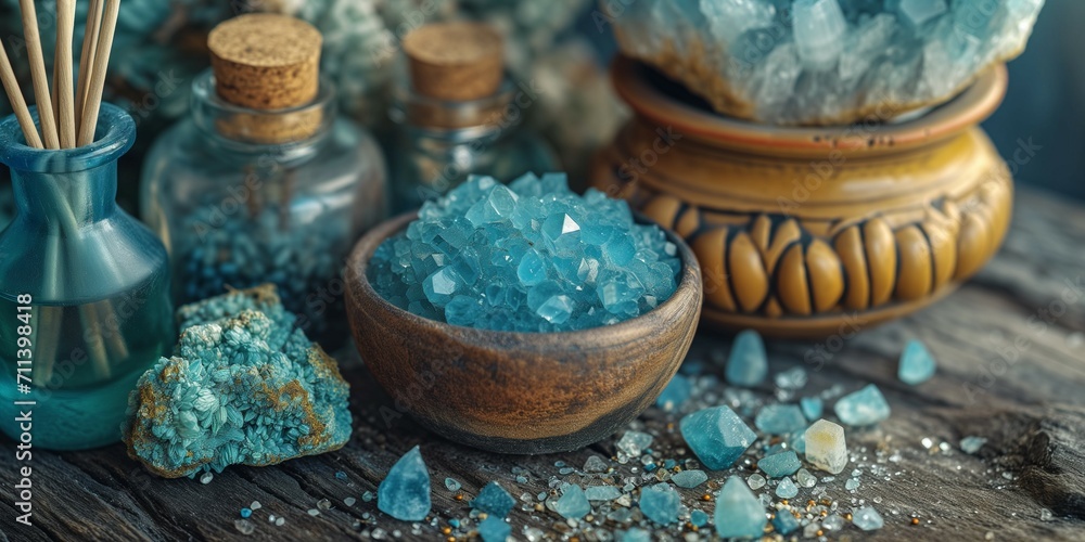 blue crystals and rocks on the table, healing ritual still life. blue crystals and rocks on the table, healing ritual still life.
