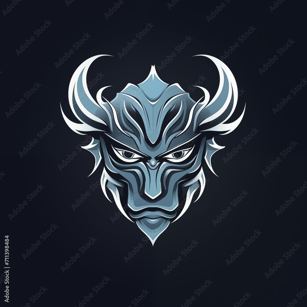 Slate Blue Oni Spirit: Illustrative Logo of Greyish Blue and White Demon Mask