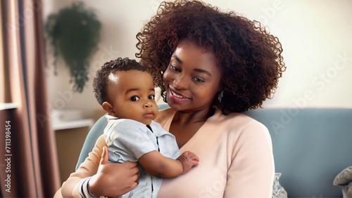 Uma mulher negra, com seu bebê nos braços, feliz. photo