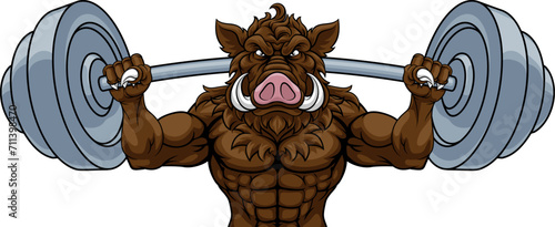 A boar razorback hog weight lifting gym animal sports mascot lifting a barbell