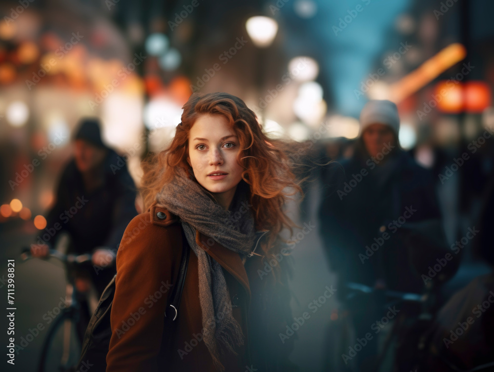 Portrait of woman walking in the city.	