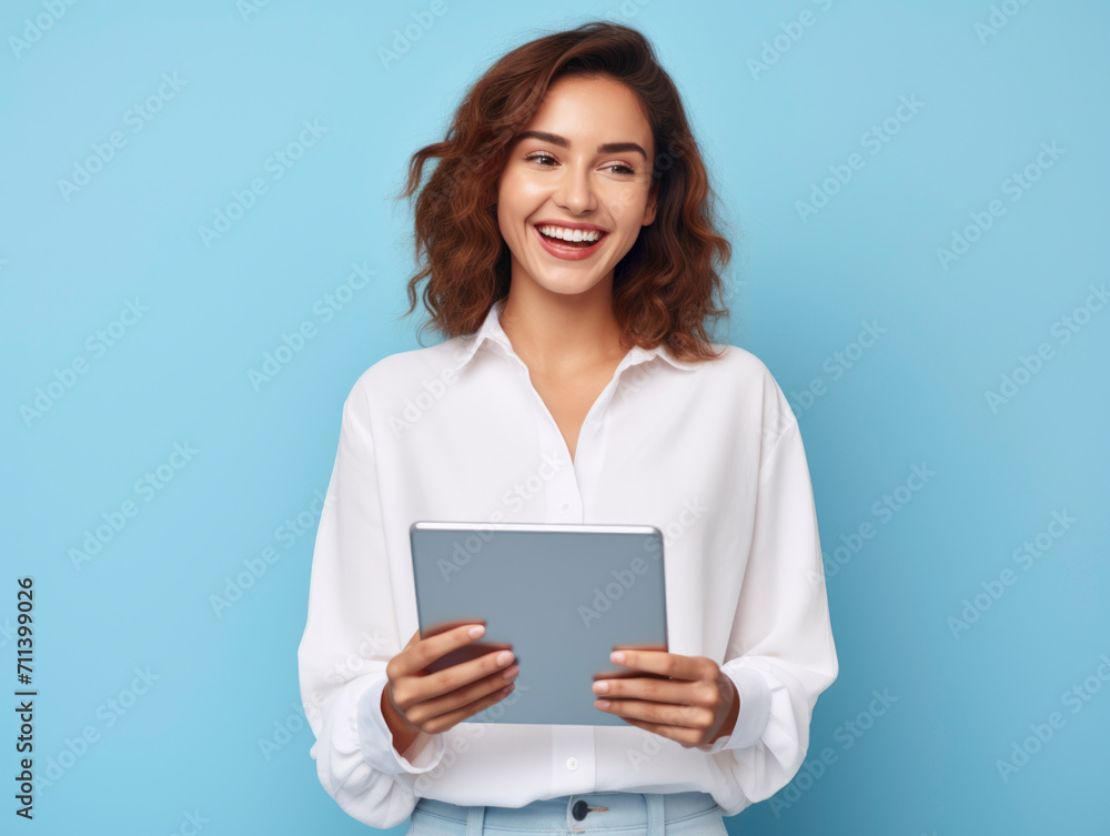 Caucasian Woman Worker Smiling and Holding Digital Tablet: Professional Standing Over Blue Background. Caucasian Woman Worker Smiling and Holding Digital Tablet: Professional Standing Over Blue Background.