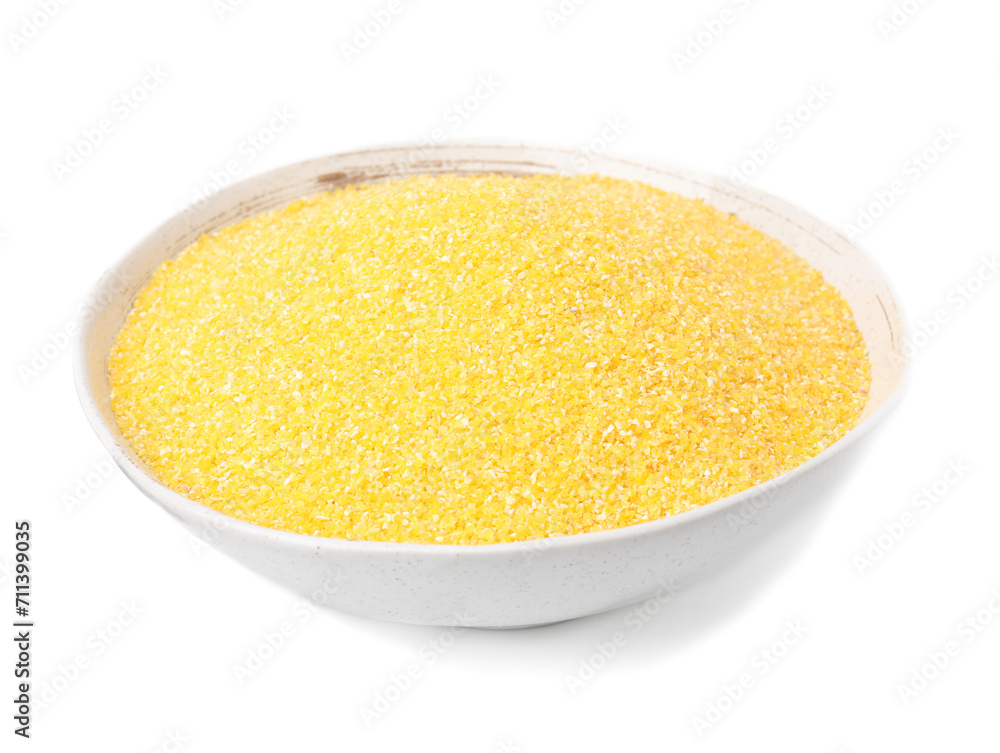 Raw cornmeal in bowl isolated on white Raw cornmeal in bowl isolated on white