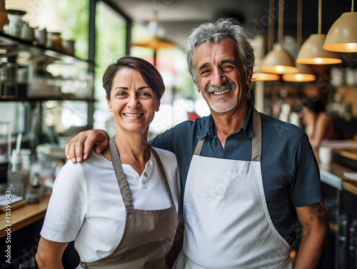 Portrait of senior man and woman owner working in the restaurant cafe. 