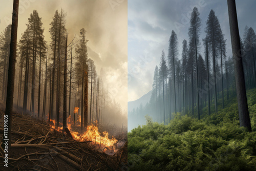 Comparable of forest with fire, environment concept. photo