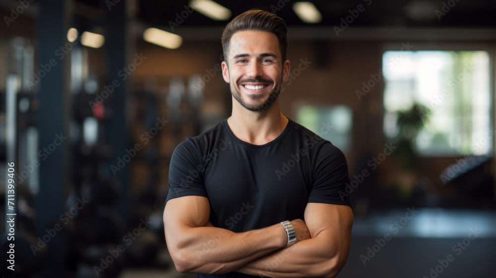 Portrait of a fitness instructor. Young man adult is in the gym