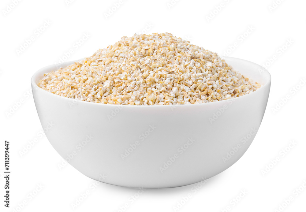 Raw barley groats in bowl isolated on white Raw barley groats in bowl isolated on white