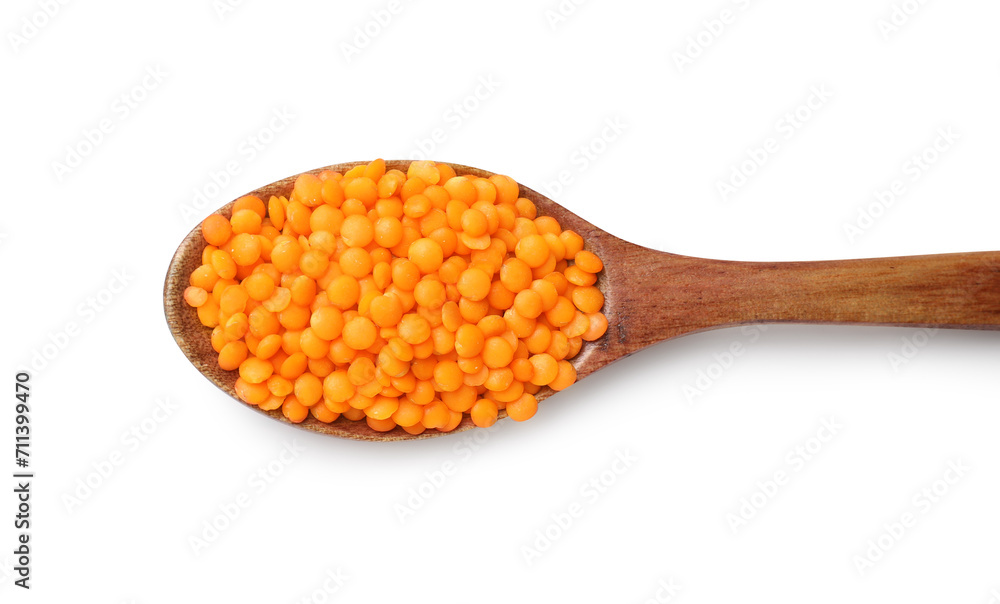 Wooden spoon with raw lentils isolated on white, top view Wooden spoon with raw lentils isolated on white, top view