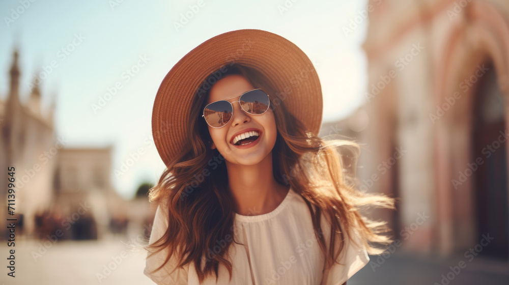 Portrait of a happy charming brown hair woman in sunglasses, smiling outdoors, traveler