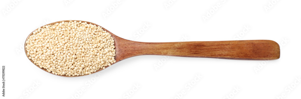 Wooden spoon with raw quinoa isolated on white, top view Wooden spoon with raw quinoa isolated on white, top view