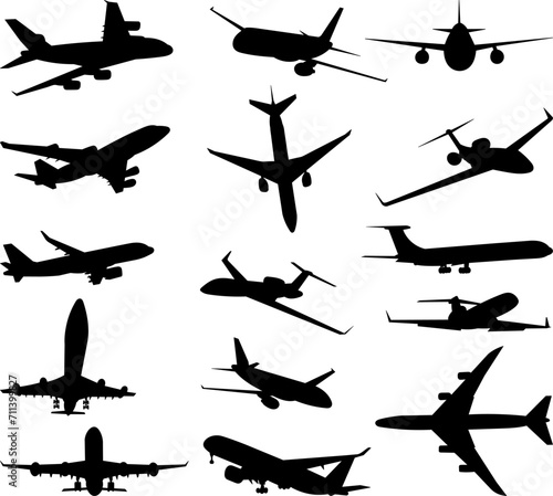 airplane silhouette, collection on white background vector