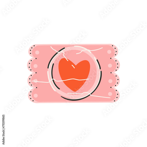 A condom with a heart on the wrapper. Symbol of love, romance. Design for Valentine's Day.