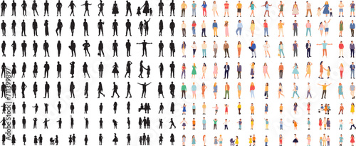 silhouette people standing, collection on white background vector