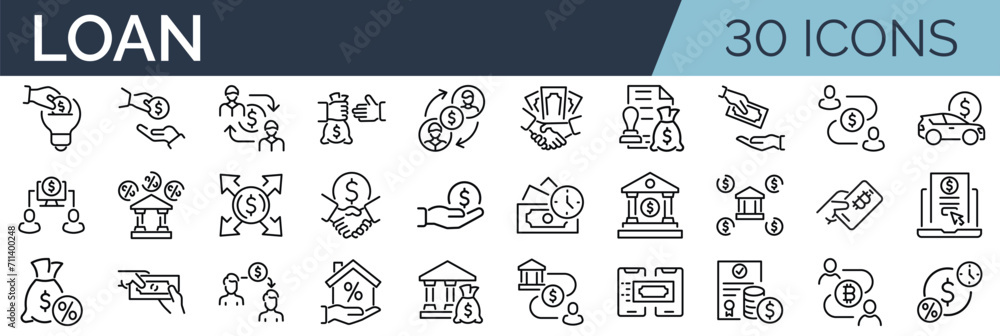Set of 30 outline icons related to loan, lending, credit. Linear icon collection. Editable stroke. Vector illustration Set of 30 outline icons related to loan, lending, credit. Linear icon collection. Editable stroke. Vector illustration