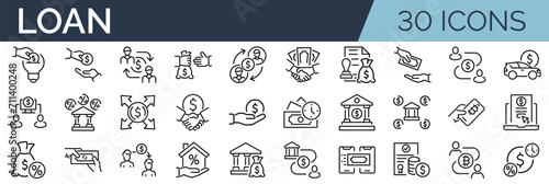 Set of 30 outline icons related to loan, lending, credit. Linear icon collection. Editable stroke. Vector illustration