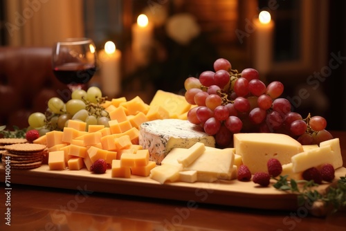 A platter of assorted cheeses and grapes.