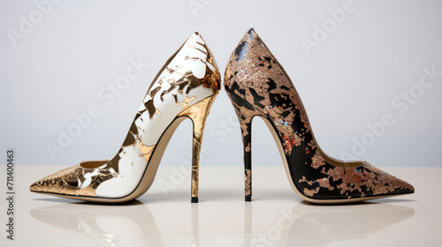 High Heels in Haute Couture Style with Artistic Gold Paint Splashes on Minimalistic White Backgrouns, Idea for Fashion Shoes Advertising Concept, Luxury Fashion