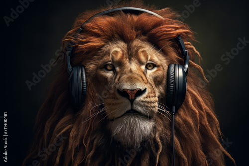 Portrait of a lion in headphones against dark background