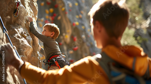 Young Boy Practicing Rock Climbing Indoors with Coach, Child in a climbing gym with instructor on an artificial wall