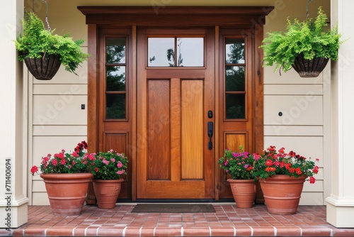 Front door with square decorative windows and flower pots