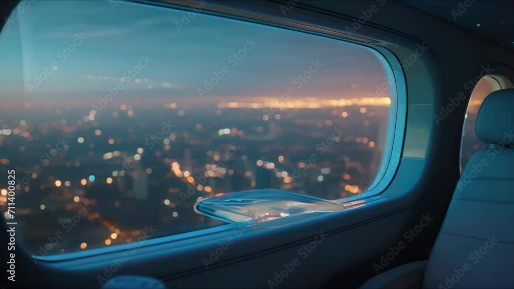 The private jets panoramic window offers an unparalleled view of the city lights below, allowing passengers to feel as though they are soaring a the stars. The private jets panoramic window offers an unparalleled view of the city lights below, allowing passengers to feel as though they are soaring a the stars.
