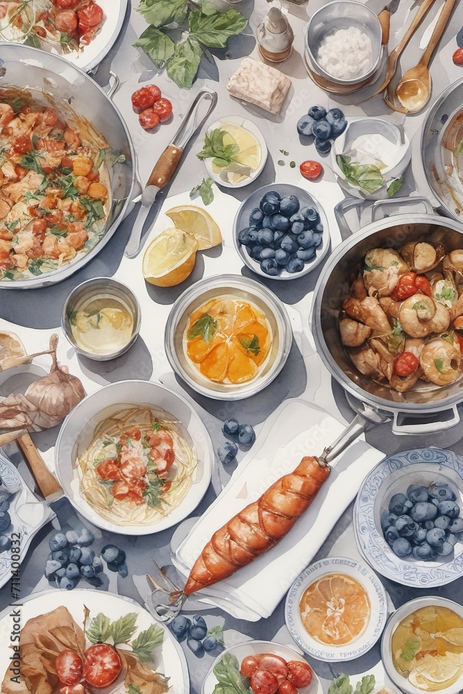 Assorted Gourmet Dishes Ready on a Festive Kitchen Counter Assorted Gourmet Dishes Ready on a Festive Kitchen Counter