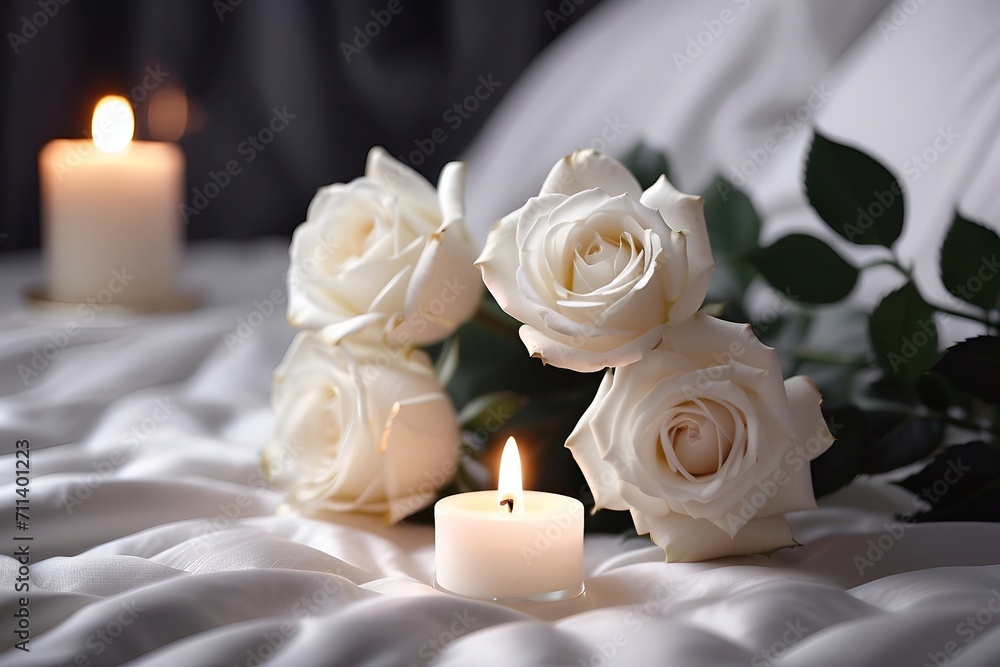 Fototapeta premium candles and white roses on bed, weeding, romantic background, valentine day.