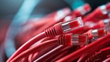 cables connected to a computer, Web banner of red data cables