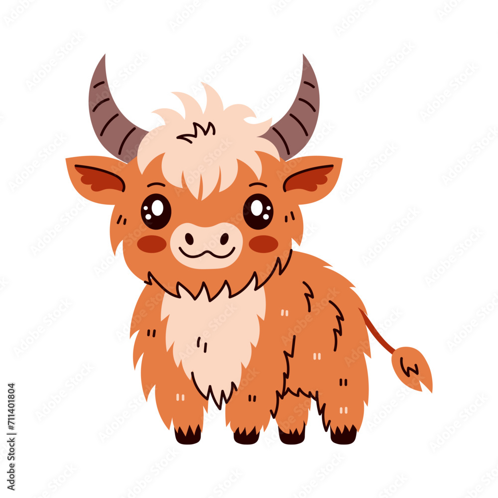 Highland Cattle Cow Character. Hand drawn vector illustration of Scottish cattle breed. Shaggy horned animal in cartoon doodle style on white background Highland Cattle Cow Character. Hand drawn vector illustration of Scottish cattle breed. Shaggy horned animal in cartoon doodle style on white background