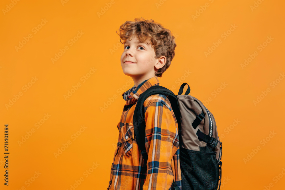 Schoolboy with backpack isolated on solid color studio background