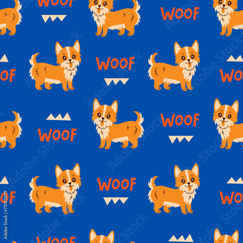 Funny dog seamless pattern with text. Colorful doggy background with Welsh Corgi, woof inscription and abstract shapes. Trendy repeat vector illustration for pets, kids, fabric, textile