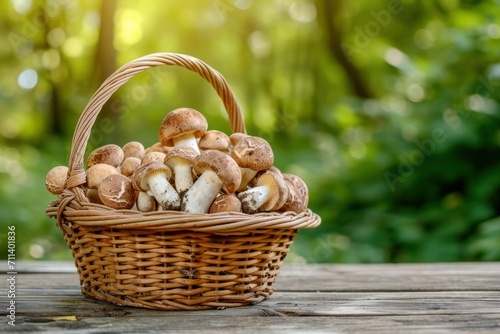 Wicker basket with fresh wild mushrooms on wooden table outdoors