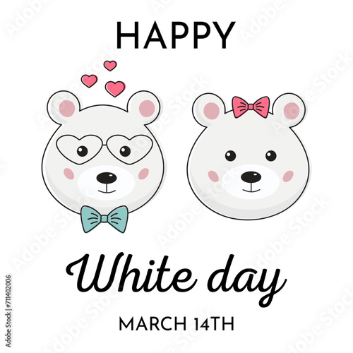 Romantic holiday, White day, i love you concept with polar bear couple. Happy White day greeting card. Cute kawaii bears with hearts.