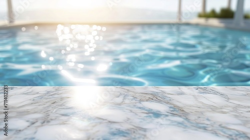 Marble surface of the side of a hotel pool with sun rays. Spa and relaxation background