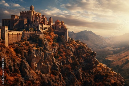 Ancient fortress with medieval architecture surrounded by enchanting landscape Fototapet