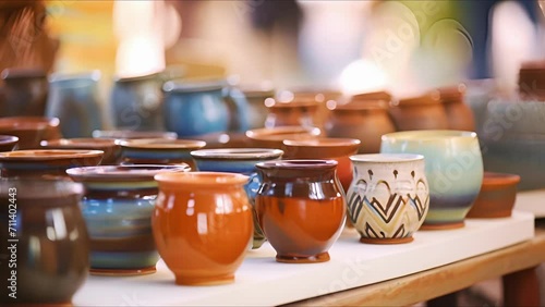 Closeup of handcrafted pottery and ceramics on display at a local artisan market. photo