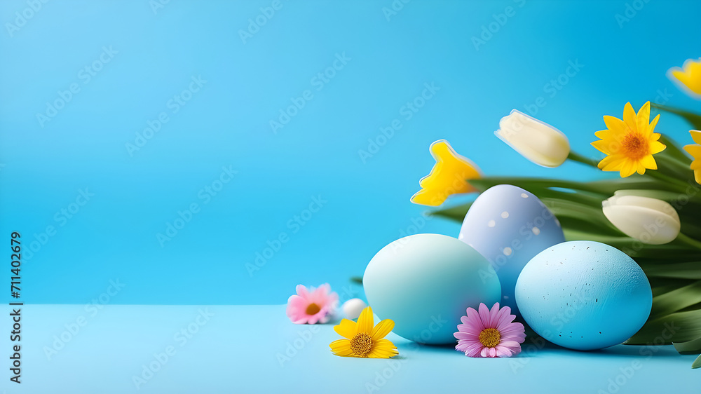 Easter eggs and flowers on a blue background with space for text.