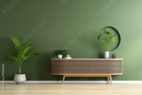 Green interior with blank wall, curved slat sideboard and plants in trendy living room. Generative AI photo