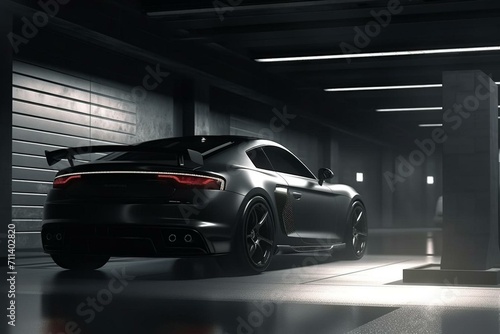 modern sports car in dark garage. 3D rendering. Generative AI © Maria