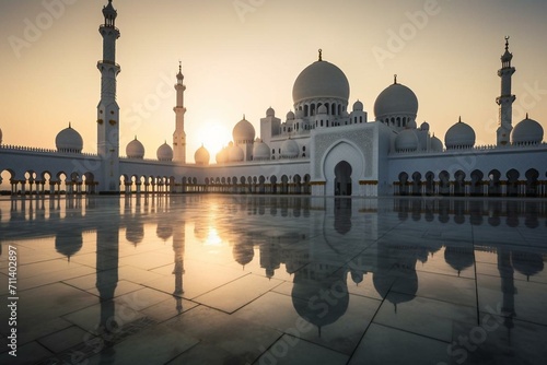 A stunning mosque emerging at sunrise. Generative AI