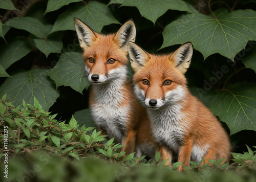 Two young red fox cubs in the foliage