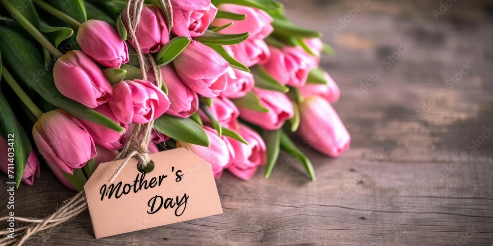 A bouquet of tulips flowers with the inscription Mother's Day A bouquet of tulips flowers with the inscription Mother's Day